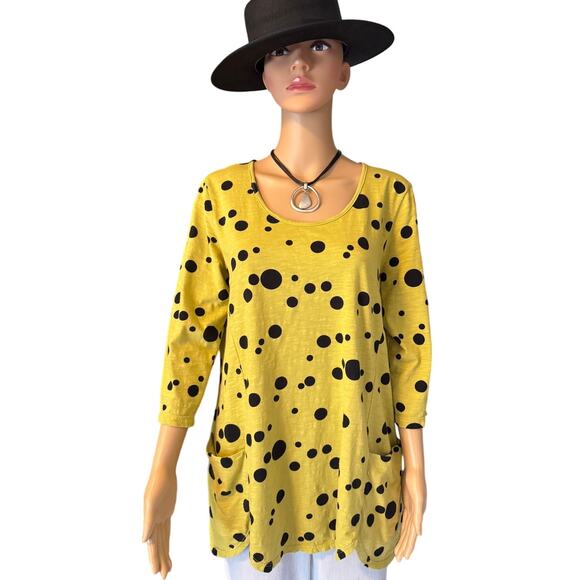 Prairie Cotton Tops - Prairie Cotton Black/Yellow Polka Dot Top with Pockets, Women's Size M